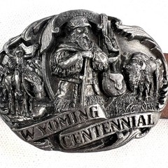 Wyoming Centennial 1990 Pewter Siskiyou Belt Buckle & Cowhide Leather Belt