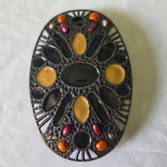 Vintage Boho Enamel Mosaic Oval Belt Buckle Bronze Tone Filigree Western