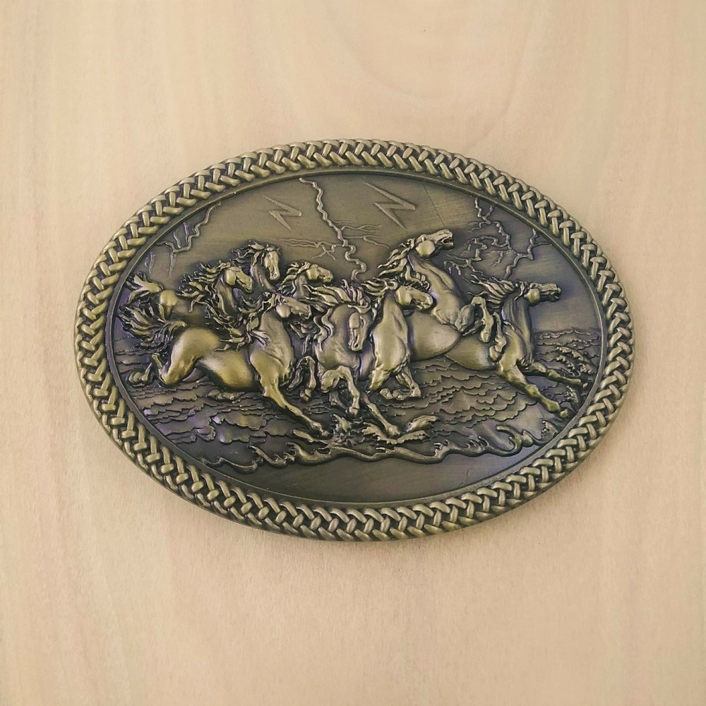 BRONZE HERD OF HORSES METAL BELT BUCKLE COWBOY & WESTERN ANIMAL HEBILLA #125