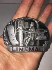Vtg 80s Great American Belt Buckle Telephone Lineman Pewter 1983 C&J Inc