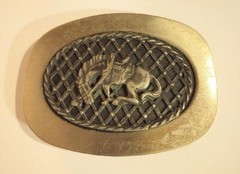 Vintage Western Belt Buckle Bucking Bronco Horse Large Squared Oval Pewter ish
