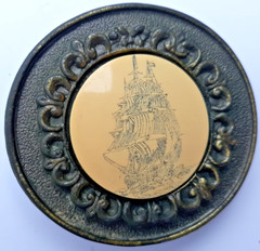 vintage 1970s Oden round belt buckle 3 mast sailing ship 2.5&Prime; round