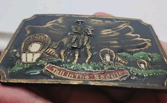 Vintage Solid Brass W/Enamel Cowboy Tall in the Saddle Belt Buckle Signed