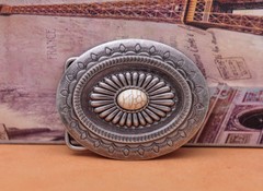 Huge Vintage Southeast Fashion Floral Turquoise Leather Belt Buckle Beige Bead