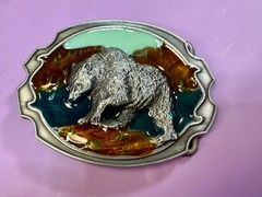 Southwestern Style Fishing Grizzly Bear Colorful Painted Belt Buckle