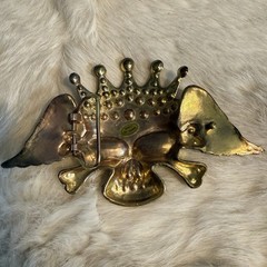 Bling Goldtone Covered Skull Belt Buckle in Clear & Purple Rhinestones
