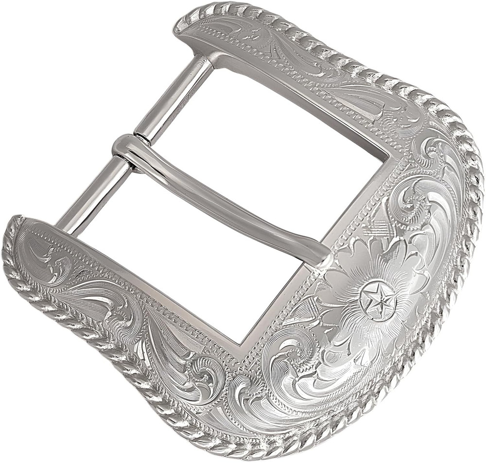 Western Belt Buckle for Men & Women – Silver Cowboy Buckle, Engraved Floral Desi