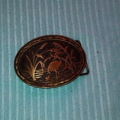 Men&rsquo;s Oval Metal Western Belt Buckle Engraved Bird Reeds Bronze 1.5&Prime;