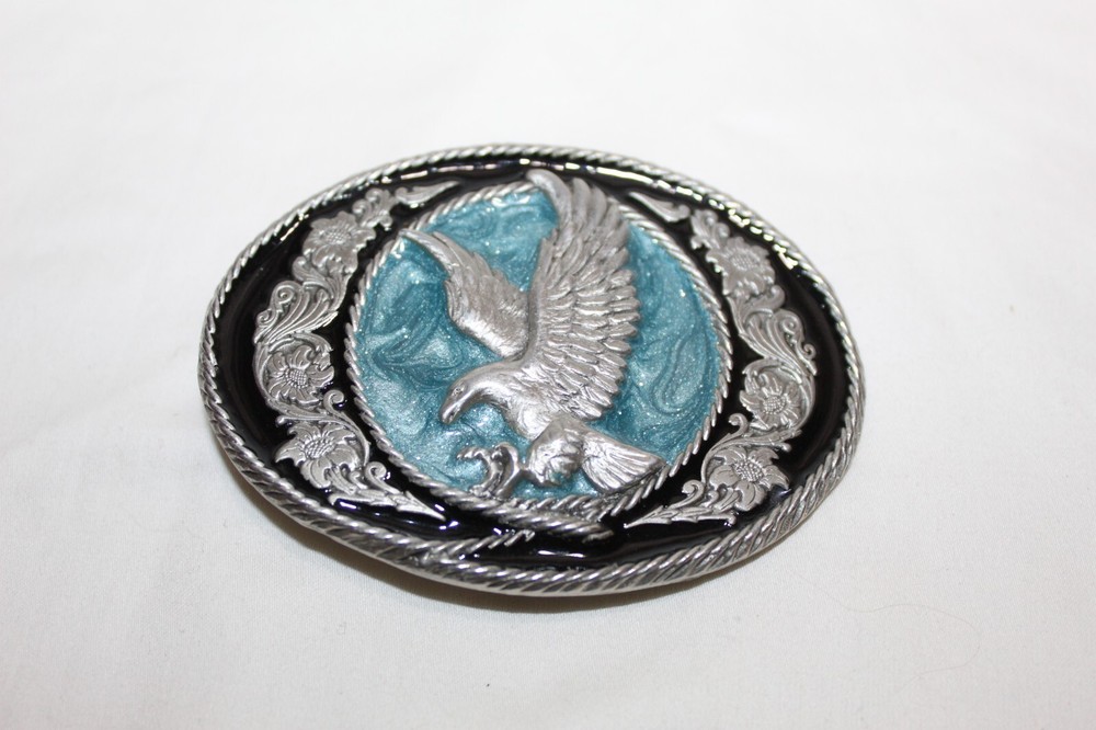 Vintage Great American Products Flying Eagle Pewter Belt Buckle Black Enamel
