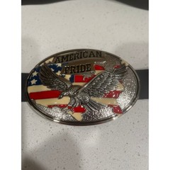 Large 6×4” American Pride belt buckle with black leather belt Eagle flag