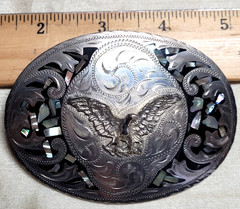 Vintage Alpaca Mexico Eagle Abalone Shell Mother Pearl Inlay Belt Buckle