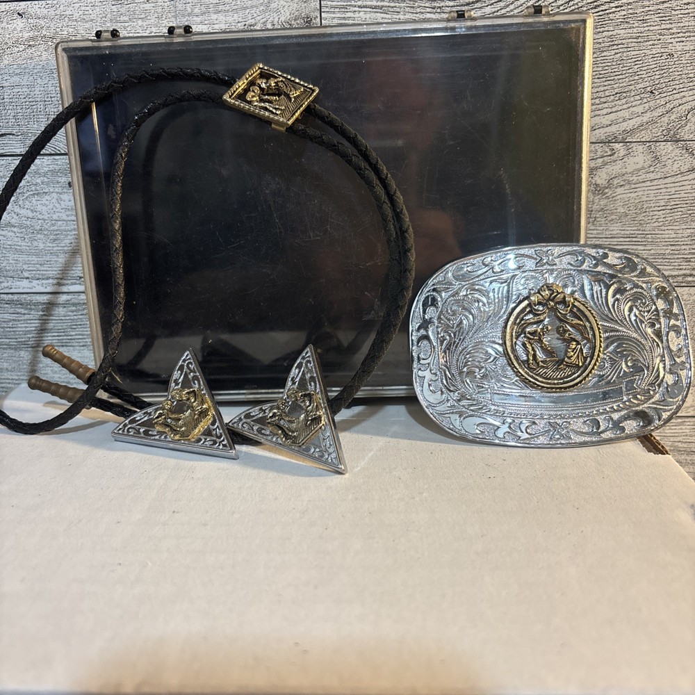 Men’s Square Dance Belt Buckle, Bolo Tie And Collar Clips Set