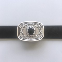 Vintage Silver Plated Nature Black Obsidian Stone Belt Buckle Boucle de Ceinture