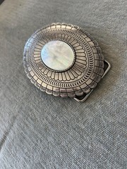 Genuine Mother of Pearl Shell Belt Buckle Silver Engraved Oval Fits 1.5 Belt