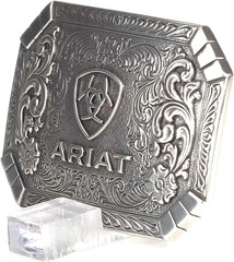 ARIAT Rectangle Buckle with Western Floral Engraving and Emblem, Antique Silver