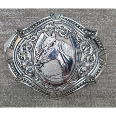 Montana Silversmiths Horse Head Horseshoe Western Belt Buckle Silver Tone Floral