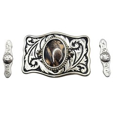 Western Belt Buckle Dendritic Agate Cabochon Silver Engraved Accents Side Pieces