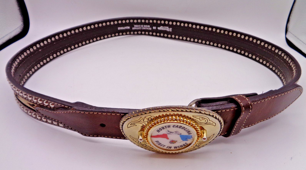 NOCONA BELT + BUCKLE – NORTH CAROLINA – FIRST IN WINGS – Made In USA – Size 38