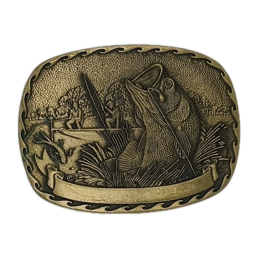 Buckle: Bass Fishing . Bass , Boat & Fishermen Design. Solid Brass