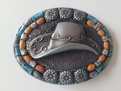 Silver Finish 4&Prime; Buckle Western Belt Buckle W/ Turquoise Stone Cowboy Hat