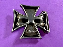 Maltese Iron Cross with Skull Reflective Cutout Gothic Punk Vibe Belt Buckle