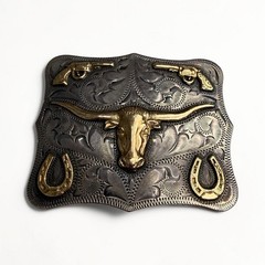 14K Gold Chet Vogt Maker Mexico Sterling Silver Longhorn Steer Belt Buckle