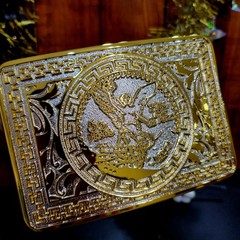 Centenario Cowboy Belt Buckle Western Hebilla Rodeo Silver & Gold Faux 50 Peso