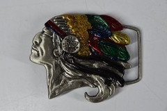 Vintage Native American Chief Head Dress Belt Buckle Metal Made in Canada