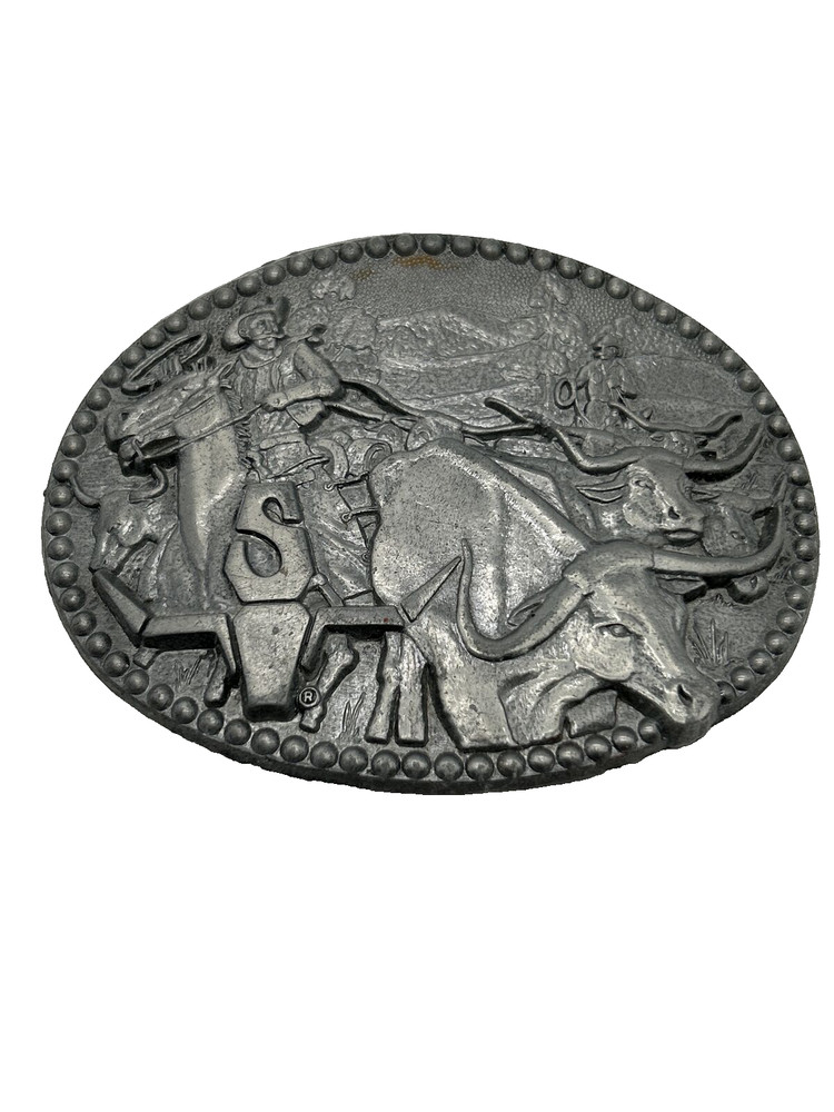 Vintage ADM Zee Series Cowboy Longhorn Steer Metal Belt Buckle USA