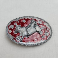 Vintage Bull Riding Rodeo Grey Oval Belt Buckle 1986 Red Painted Background