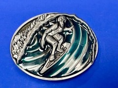 Surfer On Ocean Wave Pipeline Surfing Hang 10 – Blue Green Color Belt Buckle