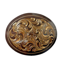 Western Belt Buckle 4.25 x 3.25 in Handcrafted Oval Engraved Brown Gold 2.25