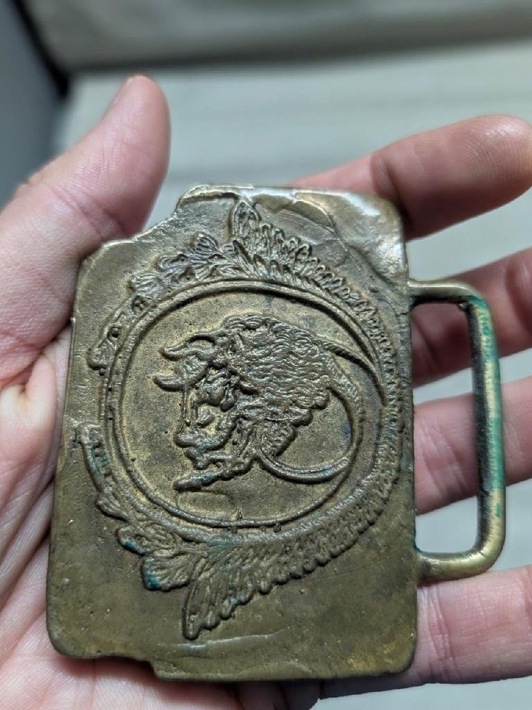 vintage BRASS belt buckle BRONZE handcrafted BRUTALIST fantasy buffalo 1970s