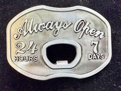 Always Open 24 / 7 Belt Buckle and Bottle Opener – Perfect Bar Pickup Line!