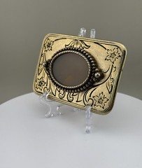Engraved Brass Belt Buckle Agate Cabochon Floral Western Scroll Vintage Heavy