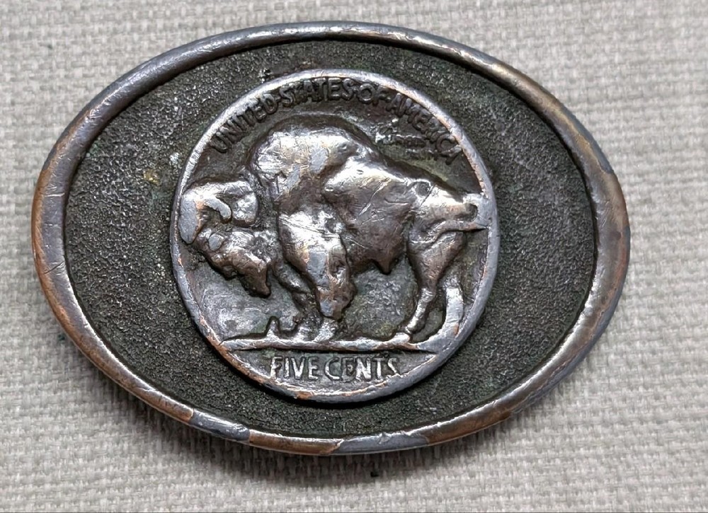 1970s vintage BUFFALO NICKEL belt buckle BRONZE heavy brass WESTERN cowboy