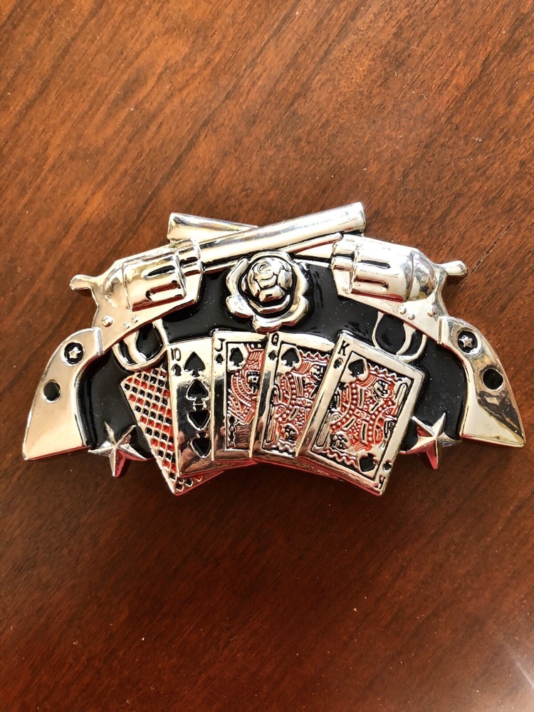 Casino Gambling Cards Gun Pistol Weapon Rose Star Metal Unisex Men’s Belt Buckle