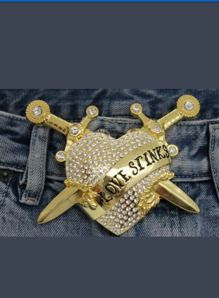 Men Women Big Gold Metal Belt Buckle Heart Western Silver Rhinestone Love Stinks