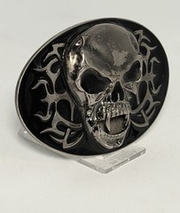 Oval Skull Fangs Pirate Belt Buckle Design Gothic Punk Metal Black Silver Tone