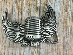 Retro Microphone Flying Mic & Wings Rock Music Silver Color Cutout Belt Buckle