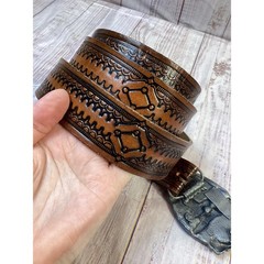 Vintage 1983 Siskiyou Square Dancing Belt Buckle with Tooled Leather Belt Brown