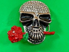 Multi Rhinestones Make Up Skull Holding Red Rose In Teeth! Belt Buckle