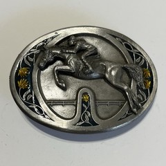 ~ Vintage 1985 Bergamot Brass Works Rider On Jumping Horse Belt Buckle p-42