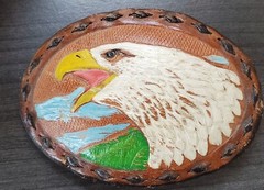 Vintage Leather Brown Stitch Hand Painted Eagle Head Engraved Belt Buckle