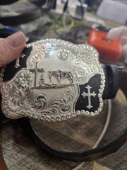 Montana Silversmiths Buckle Horse & Cross With Ostrich Black Jack Belt Sz 34