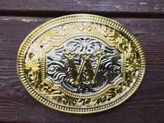 INITIAL  » W  » RODEO COWBOY LETTER SHINE GOLD SILVER OVAL WESTERN BELT BUCKLE