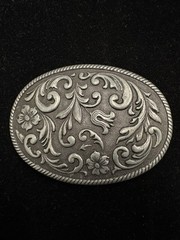 Vintage silver toned belt buckle feature floral design and roped edge RARE