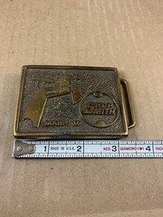 Vintage Brass Shop Smith Mark 5 USA Teacher Tool Belt Buckle HTF Dad Gold Tone
