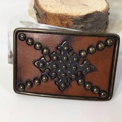 Brass Leather & Studs Belt Buckle~Brown/ Gold Handcrafted ~UNIQUE ~FREE SHIPPING