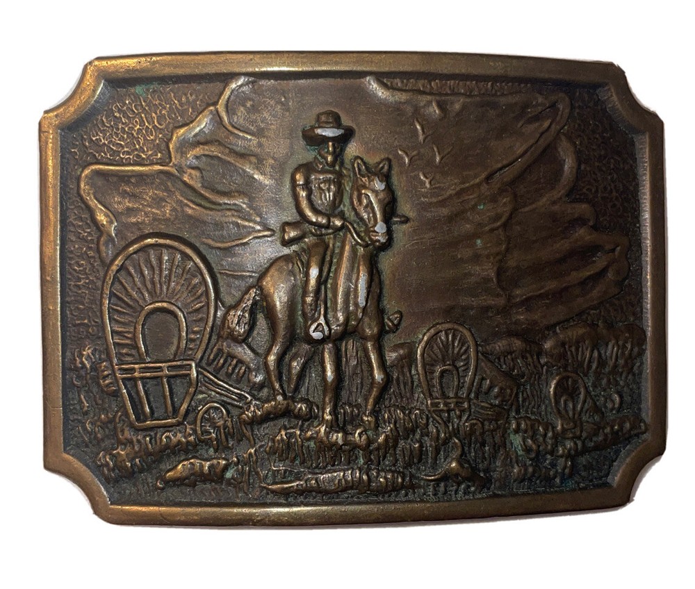 Vintage Western Belt Buckle Pioneers Wagon Train Trail Cowboy Horse